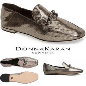Donna Karan Debz Loafer Light Pewter Antique Metallic Leather Slip on Flat Shoes